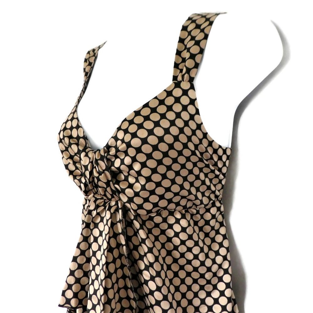 New York City Design Tunic Babydoll Top Polka Empire Ruffle Tan Black S